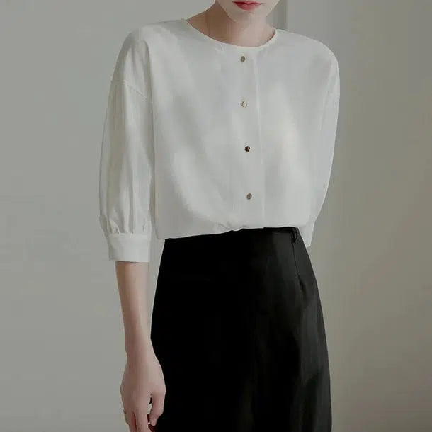 ゴールドボタン七分袖ブラウス﻿﻿ 6049-画像1-韓国ファッション通販POPREA［ポップリア］
