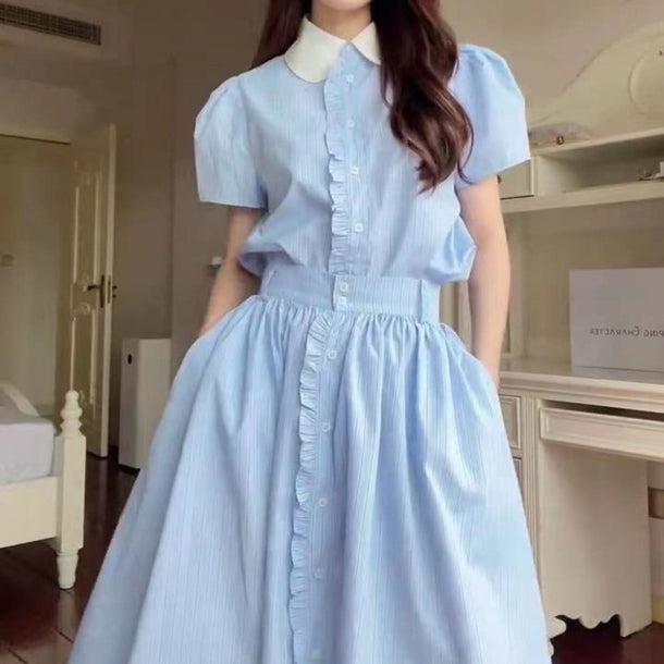 ストライプフリルボタンシャツ＆スカート 6125-画像1-韓国ファッション通販POPREA［ポップリア］