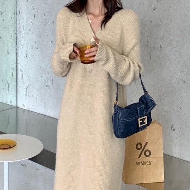 Vネックボタンリブニットワンピース 6334-画像1-韓国ファッション通販POPREA［ポップリア］