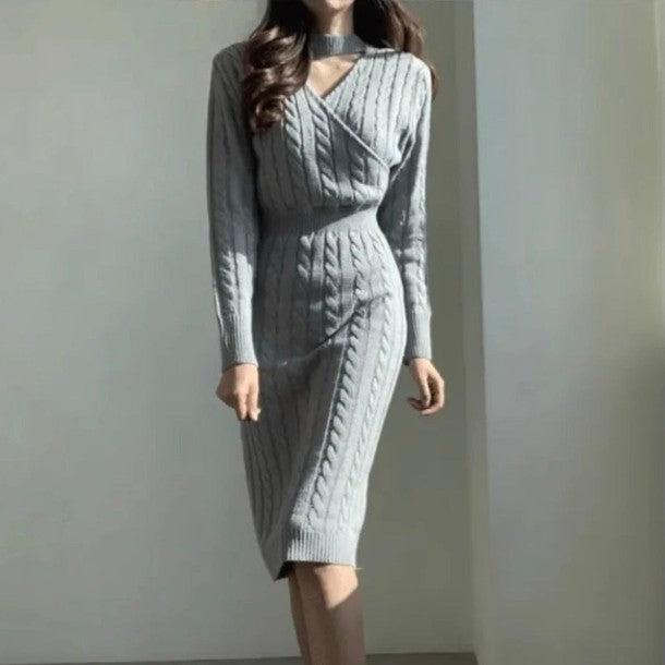 Vネックニットツイストワンピース 6384-画像1-韓国ファッション通販POPREA［ポップリア］