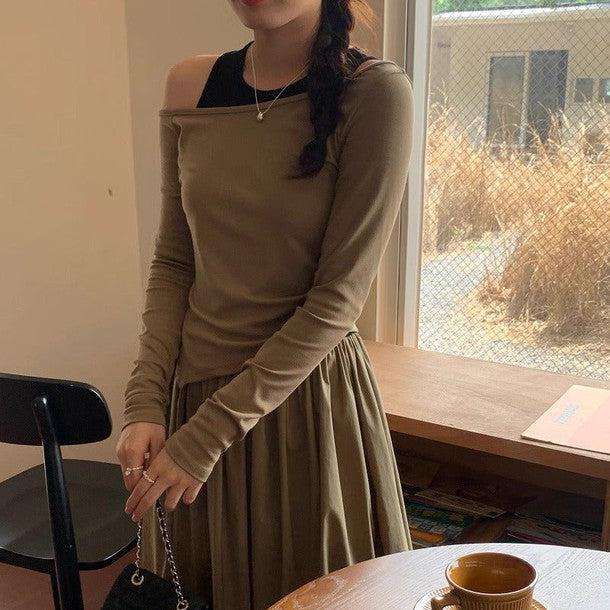 オープンショルダーTシャツ&スカート﻿ 6228-画像1-韓国ファッション通販POPREA［ポップリア］