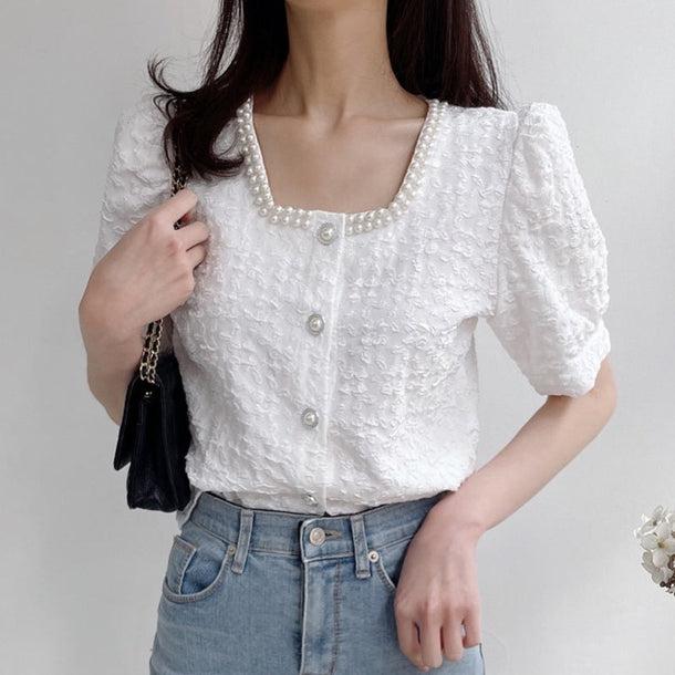 スクエアカラーパールパフスリーブシャツ 5994-画像1-韓国ファッション通販POPREA［ポップリア］