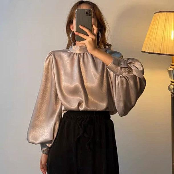 ハイネックバルーンスリーブサテンブラウス 6363-画像1-韓国ファッション通販POPREA［ポップリア］