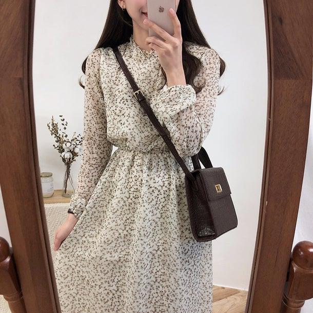 バックリボン小花柄ロングワンピ‐ス 6586-画像1-韓国ファッション通販POPREA［ポップリア］