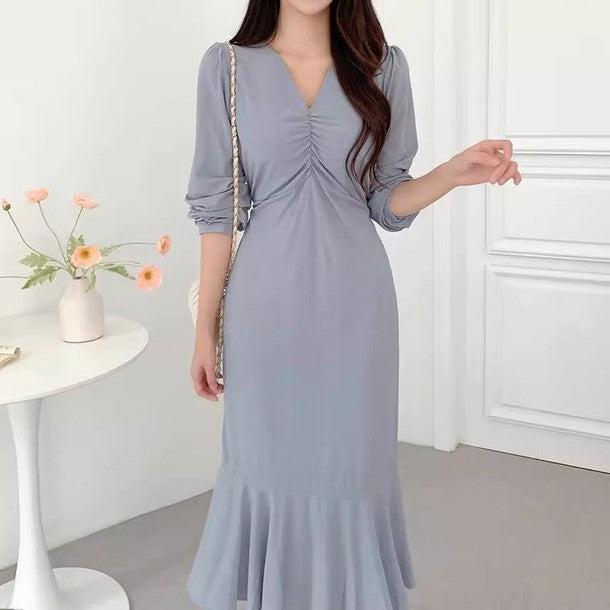 ギャザーVネックワンピース﻿﻿ 6517-画像1-韓国ファッション通販POPREA［ポップリア］