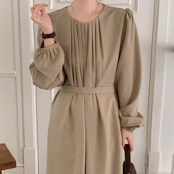 ベルト付きフロントタックロングワンピース﻿ 6224-画像1-韓国ファッション通販POPREA［ポップリア］