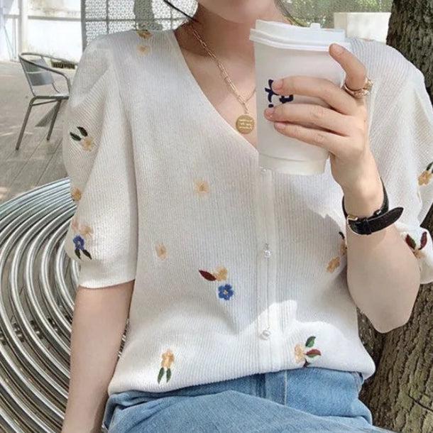 Vネック刺繍フラワーカーディガン 6142-画像1-韓国ファッション通販POPREA［ポップリア］