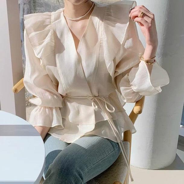 バブルスリーブフリルシフォンブラウス 6494-画像1-韓国ファッション通販POPREA［ポップリア］