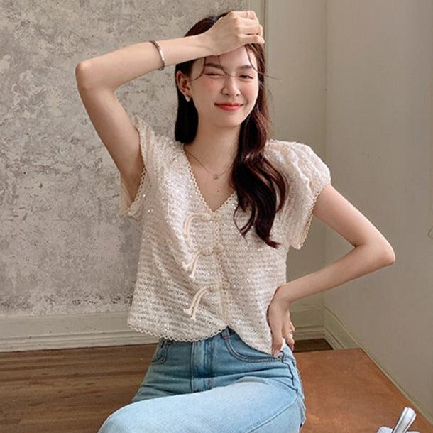 チャイナチックパフスリブラウス﻿﻿﻿ 6058-画像1-韓国ファッション通販POPREA［ポップリア］