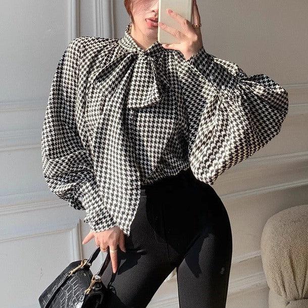 千鳥柄ボウタイブラウス 6292-画像1-韓国ファッション通販POPREA［ポップリア］