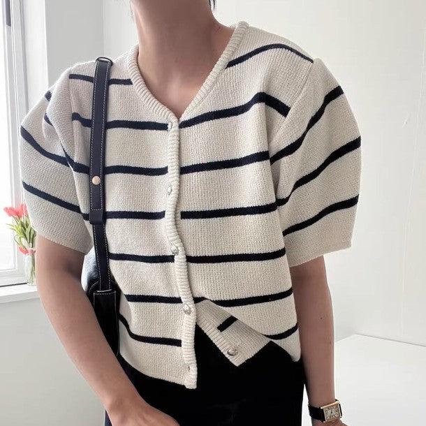 パフスリーブサマーボーダーニット 6825-画像1-韓国ファッション通販POPREA［ポップリア］