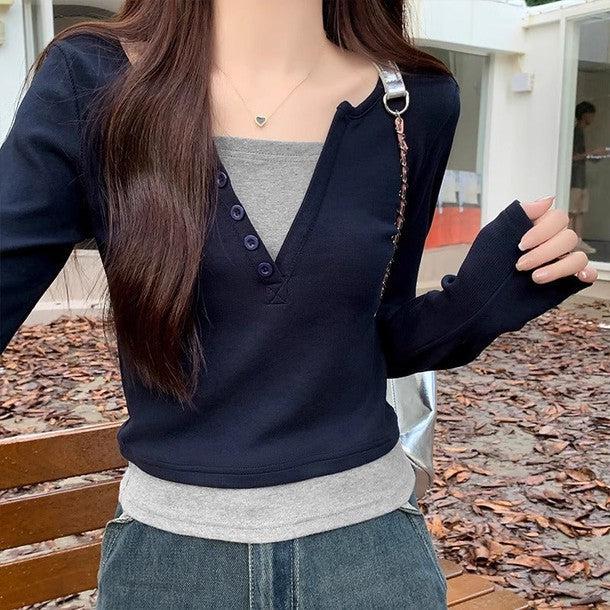 シンプルスリムクロップドロングスリーブTEE 6507-画像1-韓国ファッション通販POPREA［ポップリア］