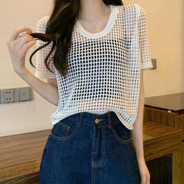 透かし編みクロップドサマーニット 6072-画像1-韓国ファッション通販POPREA［ポップリア］