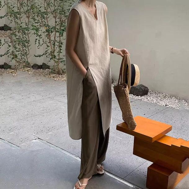 スリットノースリーブリネンチュニック 6127-画像1-韓国ファッション通販POPREA［ポップリア］