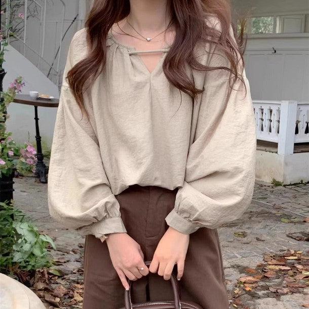 Vネックベーシック長袖ブラウス﻿ 6229-画像1-韓国ファッション通販POPREA［ポップリア］