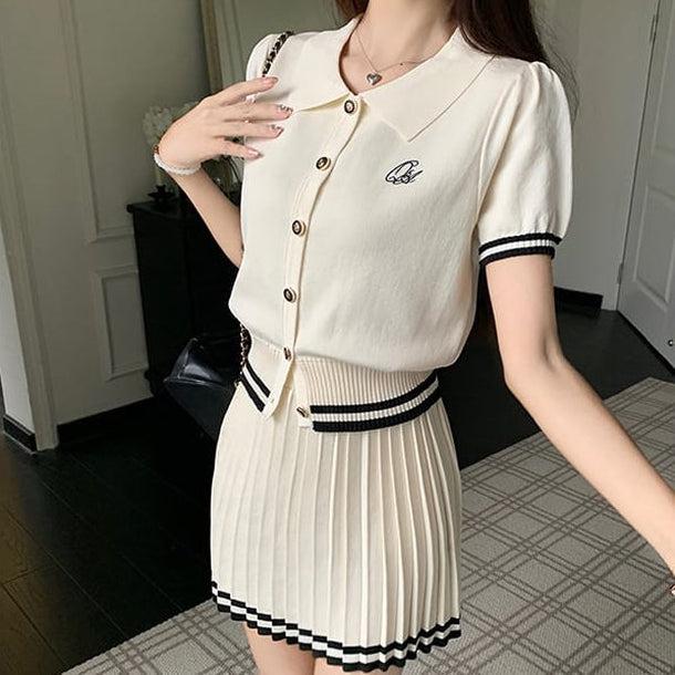 POLOニット＆ショートプリーツニットスカート﻿ 6109-画像1-韓国ファッション通販POPREA［ポップリア］