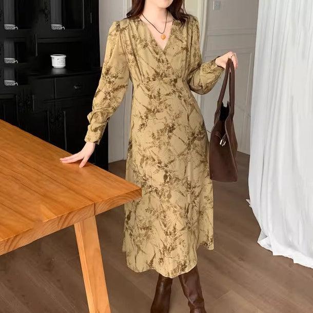 オータムデザインVネックワンピース 6157-画像1-韓国ファッション通販POPREA［ポップリア］