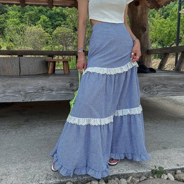 レースラインチェックロングスカート 6126-画像1-韓国ファッション通販POPREA［ポップリア］