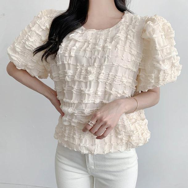 フレンチニッチラウンドネックパフスリーブシャツ 5997-画像1-韓国ファッション通販POPREA［ポップリア］