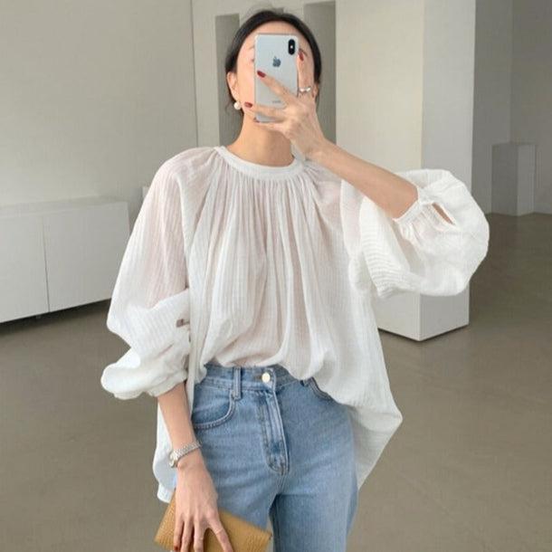ギャザーボリュームスリーブシアーブラウス﻿﻿﻿ 5988-画像1-韓国ファッション通販POPREA［ポップリア］