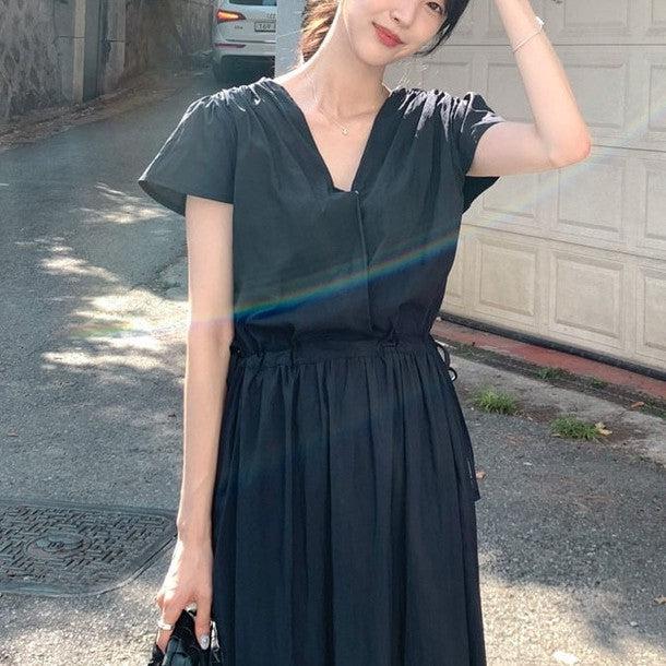 Vネックハイウエストワンピース 6819-画像1-韓国ファッション通販POPREA［ポップリア］