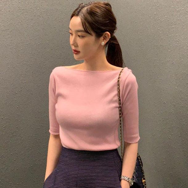 5分袖ボートネックニット 6000-画像1-韓国ファッション通販POPREA［ポップリア］