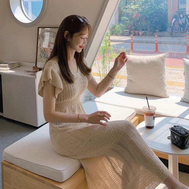 クロシェ編みVネックニットワンピース 6780-画像1-韓国ファッション通販POPREA［ポップリア］