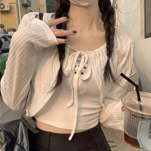 リボンハーフカーディガン 6070-画像1-韓国ファッション通販POPREA［ポップリア］