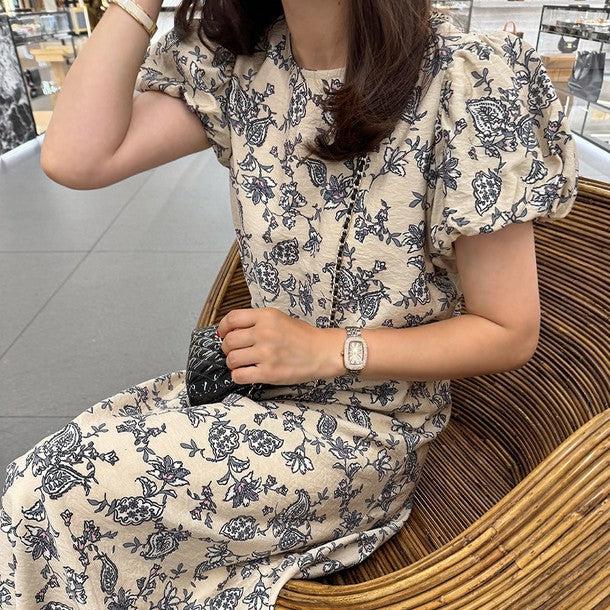 レトロフラワーパフスリワンピース 6817-画像1-韓国ファッション通販POPREA［ポップリア］