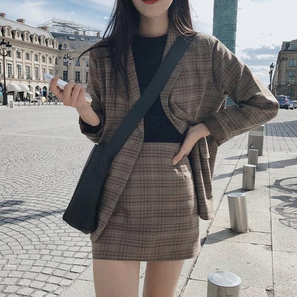 チェックミニツーピーススーツ 6366-画像1-韓国ファッション通販POPREA［ポップリア］