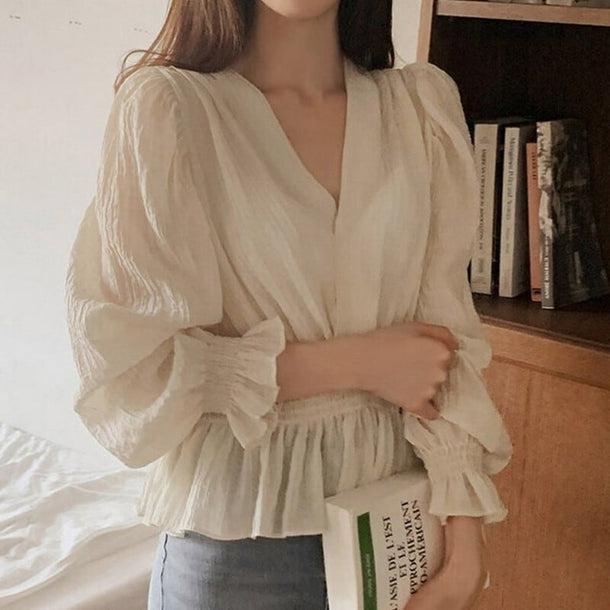 Vネックシアーシャツブラウス﻿ 6096-画像1-韓国ファッション通販POPREA［ポップリア］