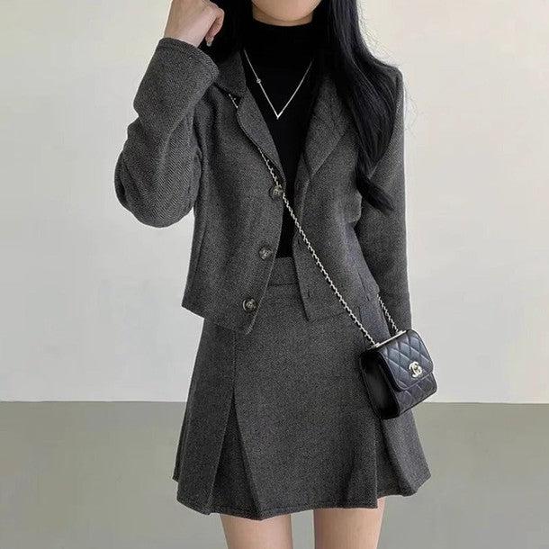 ヘリンボーンショートジャケット＆スカート 6387-画像1-韓国ファッション通販POPREA［ポップリア］