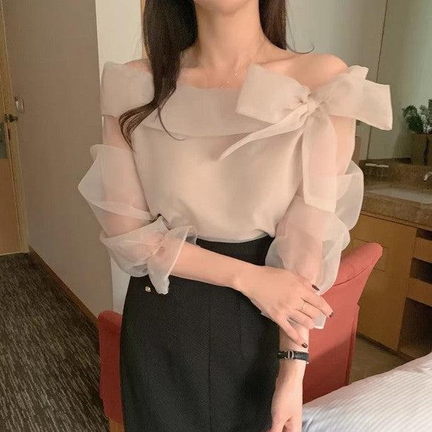 オフショルダーシアーブラウス 6452-画像1-韓国ファッション通販POPREA［ポップリア］