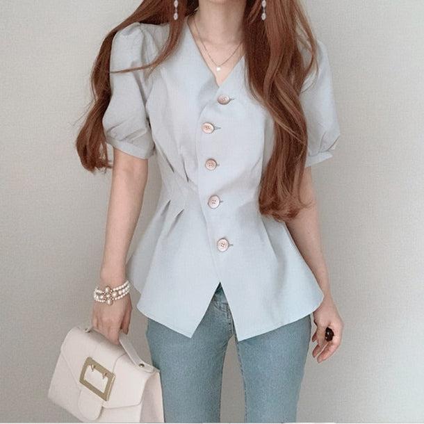 Vネックペプラムトップス 6006-画像1-韓国ファッション通販POPREA［ポップリア］