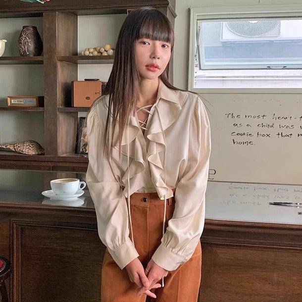 ボリュームフリルVネックネックブラウス 6399-画像1-韓国ファッション通販POPREA［ポップリア］