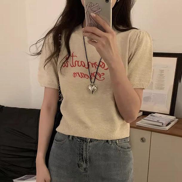 刺繍ロゴパフスリーブニット 6135-画像1-韓国ファッション通販POPREA［ポップリア］