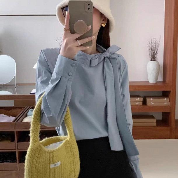 ネックリボンロングカフスブラウス﻿ 6211-画像1-韓国ファッション通販POPREA［ポップリア］