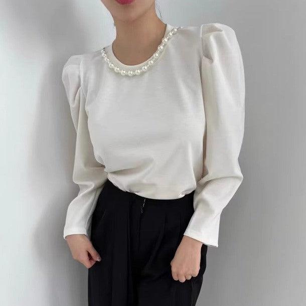 パール調ラウンドネックブラウス 6434-画像1-韓国ファッション通販POPREA［ポップリア］