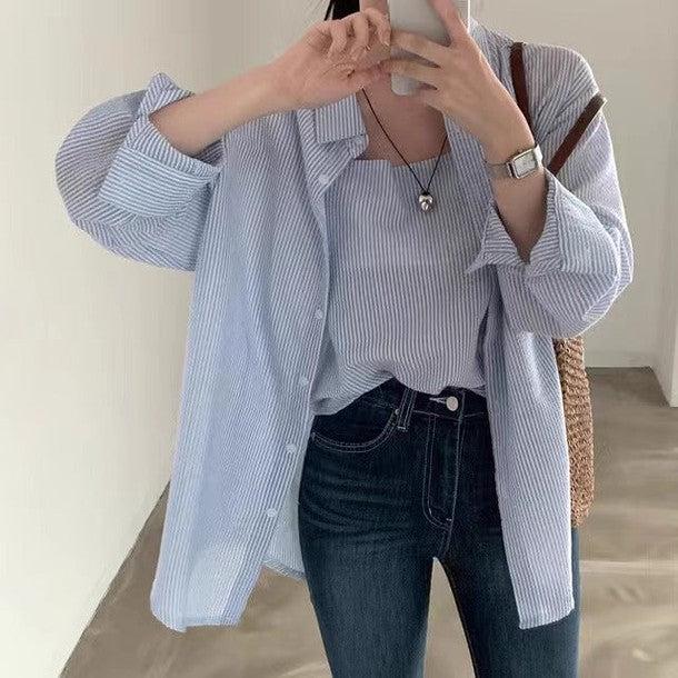 シアサッカーストライプルーズシャツ&キャミソール 6483-画像1-韓国ファッション通販POPREA［ポップリア］