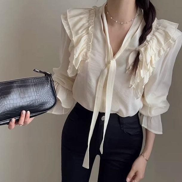 長袖Vネックフリルブラウス 6493-画像1-韓国ファッション通販POPREA［ポップリア］