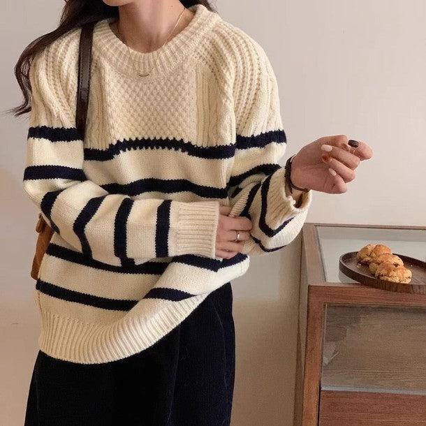 ケーブルボーダーラグランニット 6330-画像1-韓国ファッション通販POPREA［ポップリア］