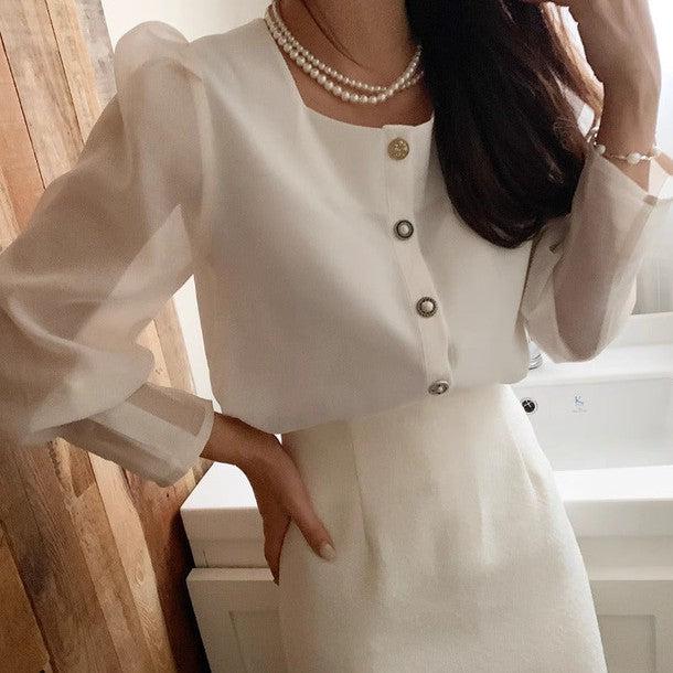 スクエアネックシアーブラウス 6433-画像1-韓国ファッション通販POPREA［ポップリア］