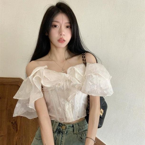 オフショルダーフリルブラウス 6074-画像1-韓国ファッション通販POPREA［ポップリア］