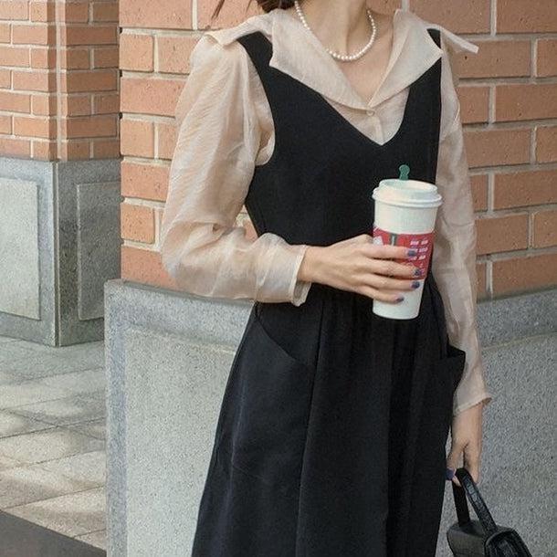 ロングスリーブシャツ＆ジャンパースカート 6553-画像1-韓国ファッション通販POPREA［ポップリア］