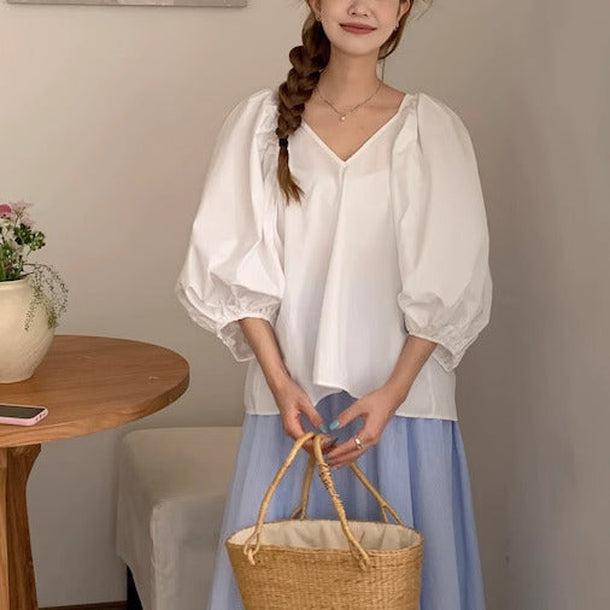バルーンスリーブVネックブラウス 6018-画像1-韓国ファッション通販POPREA［ポップリア］