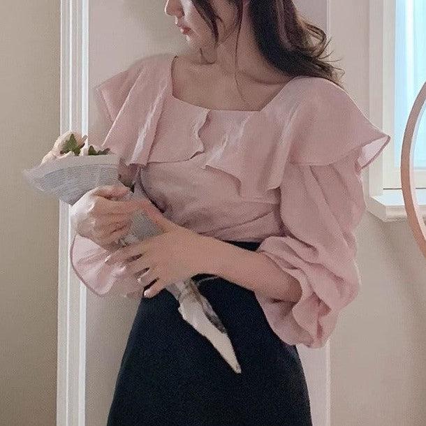 スクエアネックフリルブラウス 6487-画像1-韓国ファッション通販POPREA［ポップリア］