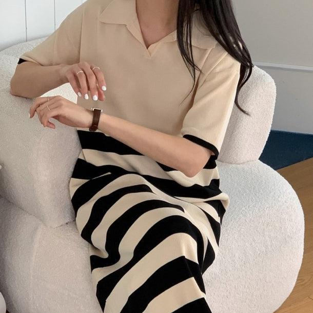 ストライプジャカードルーズニットドレス﻿ 6079-画像1-韓国ファッション通販POPREA［ポップリア］