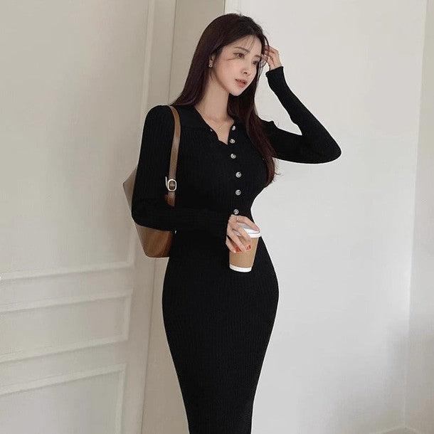 ハーフボタンタイトリブニットワンピース 6323-画像1-韓国ファッション通販POPREA［ポップリア］