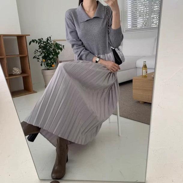 プリーツ切り替えニットロングワンピース﻿﻿﻿﻿﻿ 6263-画像1-韓国ファッション通販POPREA［ポップリア］