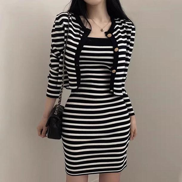 ボーダーキャミタイトワンピース＆カーディガン﻿ 6132-画像1-韓国ファッション通販POPREA［ポップリア］